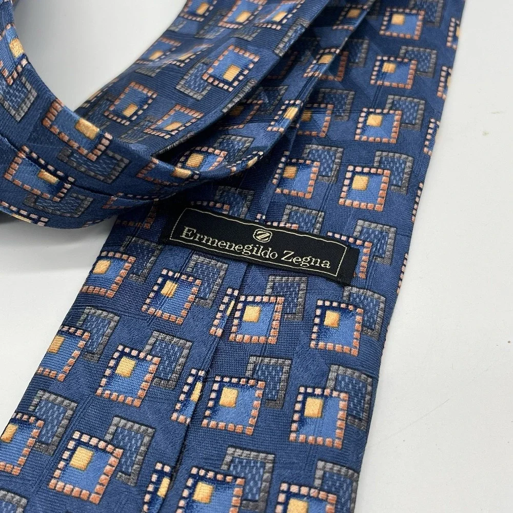 Ermenegildo Zegna Mens Tie‎ Geometric Silk Made Italy Modern Designer Blue